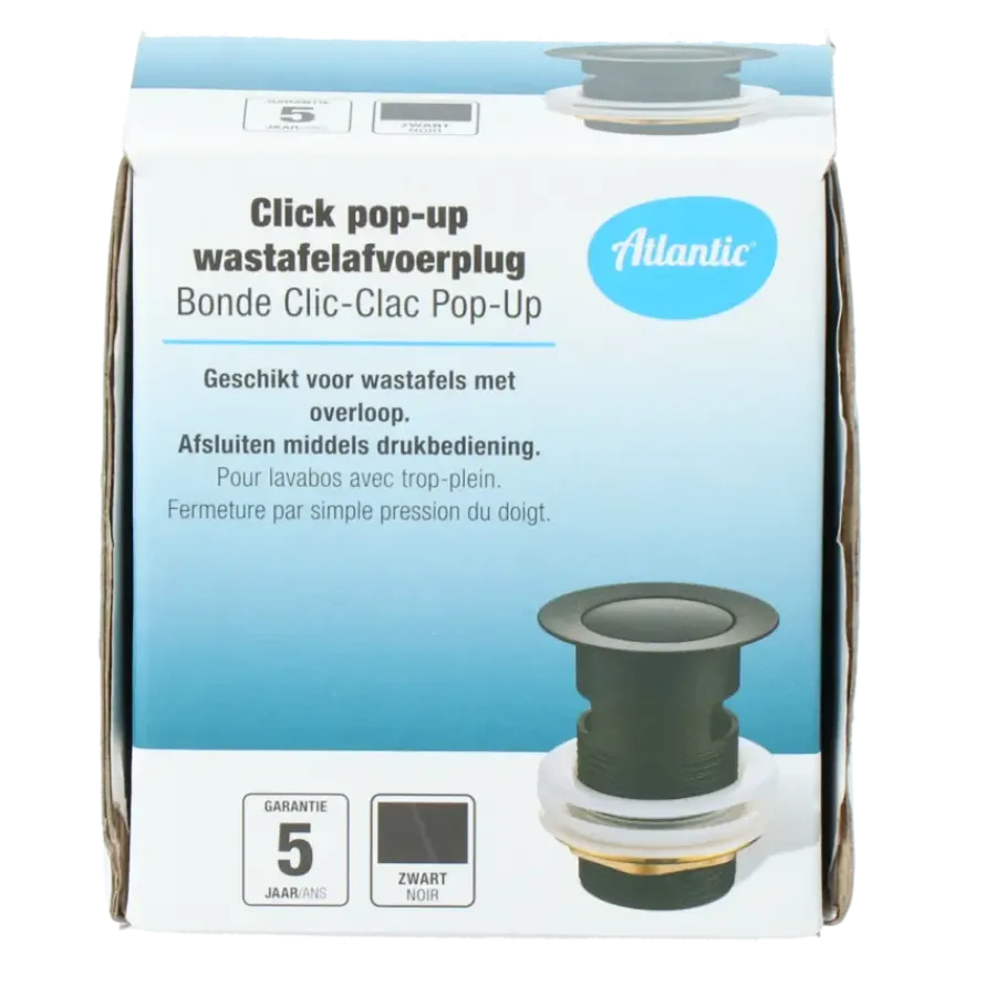 Atlantic Click pop-up wastafelafvoerplug Zwart New