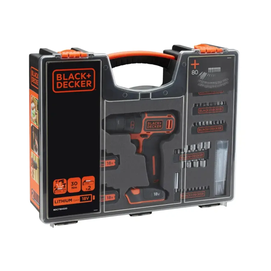 BLACK+DECKER accuboormachine BDC718AS2O-QW + 80-delige accessoireset Discount
