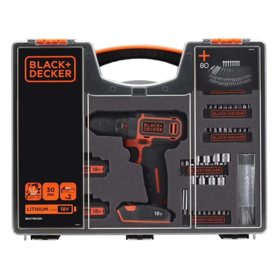 BLACK+DECKER accuboormachine BDC718AS2O-QW + 80-delige accessoireset Discount
