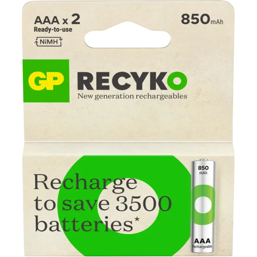 GP Batterij Oplaadbaar AAA NiMH 850mAh ReCyko 1,2V 2 Stuks Hot