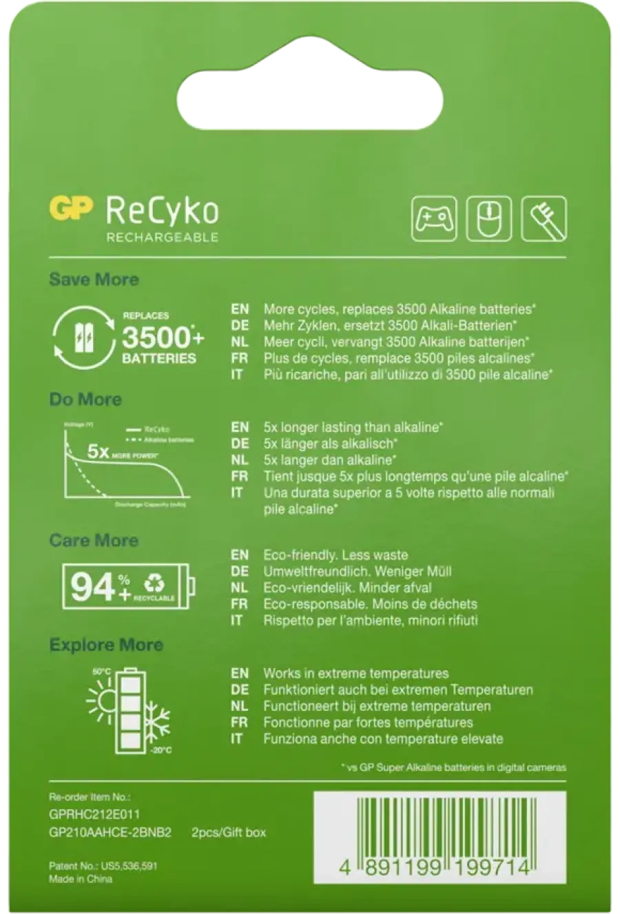 GP Batterij Oplaadbaar AA NiMH 2100mAh ReCyko 1,2V 2 Stuks